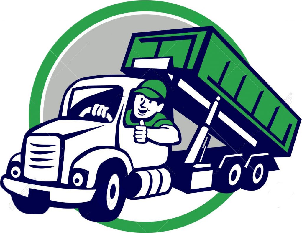 57153208 illustration of a roll off bin truck driver smiling with thumbs up viewed from front set inside circ Long Island Dumpster Rentals Made Easy